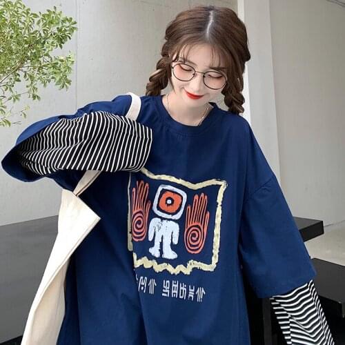 Maxxo Vintage Kawaii creative graphics Striped fake two pieces Long Sleeve T-Shirt for Girls Tee Korean Clothes GothSchool Tops