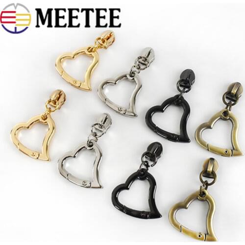 Meetee 10pcs 5# Slider for Nylon Metal Zipper Heart Spring Ring Pendant Zippers Pull DIY Bag Decor Zip Slider Puller Accessories