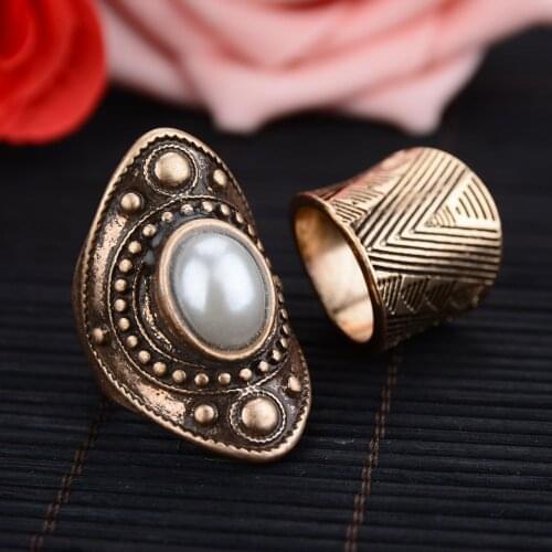 2 Pcs/set Retro Antique Bronze Midi Rings Set For Women European Design Imitation Pearl Metal Ring Vintage Finger Jewelry Gift