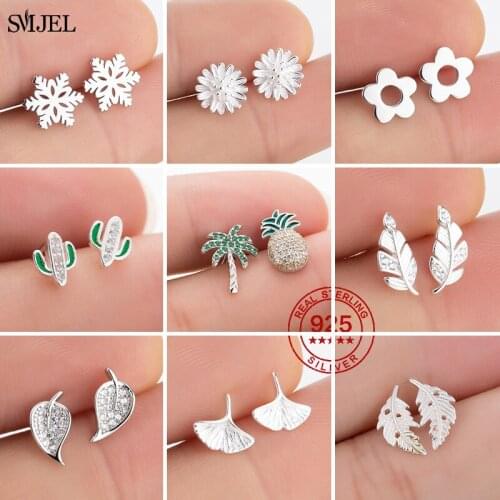 Minimalist Real 925 Sterling Silver Earrings for Women Jewelry Leaves Ear Cuff Crystal Leaf Cactus Snowflake Earring Pendientes