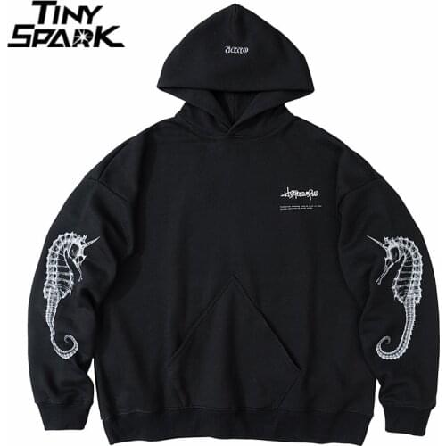 Men Hip Hop Hoodie Sweatshirt Streetwear Sea Horse Print Hooded Pullover Harajuku Cotton Casual 2021 Autumn Sweat Shirt Black