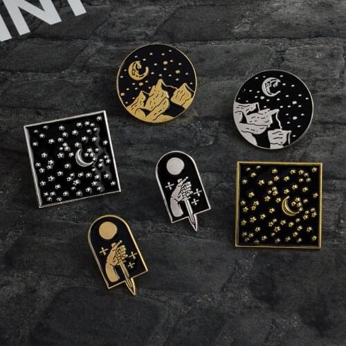 Dark Starry Moonlight Tombstone Knife Mountain Pins Button Punk Gothic Brooch for Women Men Jewelry Lapel Pin Badge Accessories