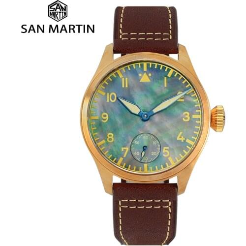 San Martin Bronze Pilot MOP Dial Mens Diver Watch See-through Case Back Seagull 6498 Mechanical Hand Wind Sapphire Glass