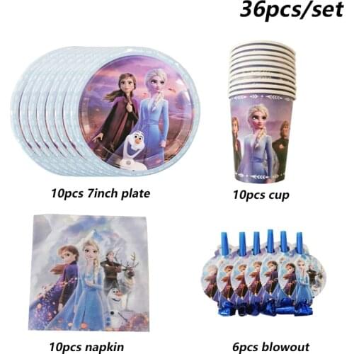 Disney Frozen 2 Cartoon Theme Disposable Tableware Set Paper Cups Plates Birthday Party Decorations Supplies Girls Favor Gifts