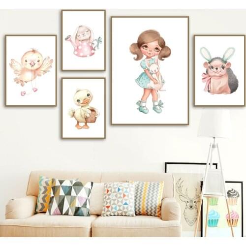 Wall Art Canvas Painting Cartoon Baby Girl Flower Rabbit Duck Bird Nordic Posters And Prints Wall Pictures For Kids Room Decor