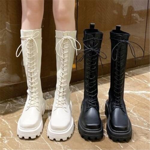 Sexy Slim Leather Stretch Fabric Patchwork Knee High Boots Fashion Women Square Toe Platform Spring Autumn Med Heel Long Boots