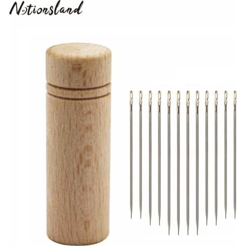 Self Threading Hand Needles Stainless Steel Opening Sewing Darning Needles&Wood Needle Case Household Needlework Sewing Tools
