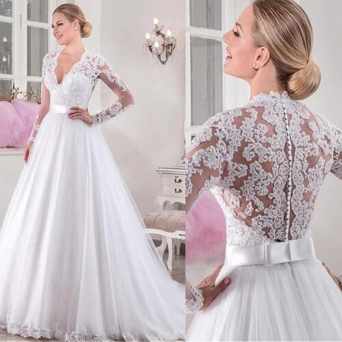 Chic Tulle V-neck Neckline Natural Waistline A-line Long Sleeves Wedding Dress With Beaded Lace Appliques Bow Bridal Dress
