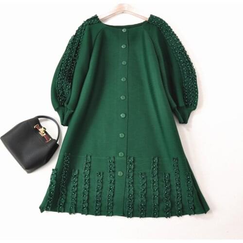 Vintage lantern sleeves beaded Miyake Pleated jacket dress long cardigan button A-line shirt dress Indie aesthetic clothes