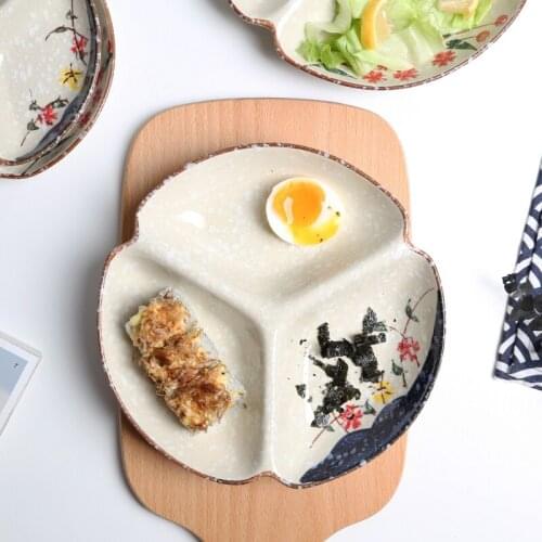 Japanese ceramic three grid plate breakfast salad plate tableware multi grid plate small dish plate canteen plate sub grid stude