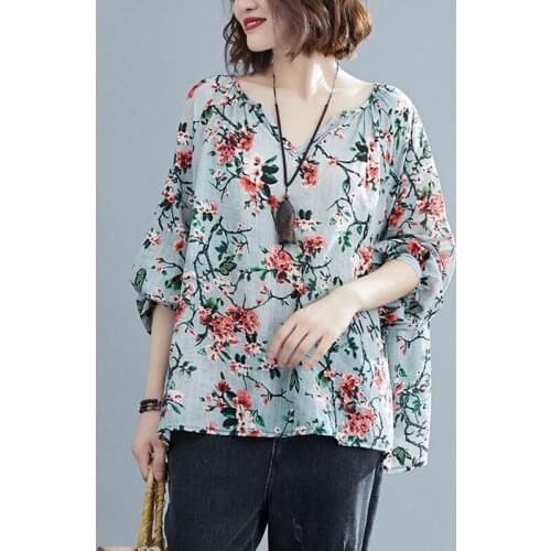 Oversized Women Loose Casual T-shirts New 2021 Spring Vintage Style V-neck Print Cotton Linen Female Long Sleeve Tops Tees S3189