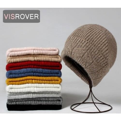 VISROVER 10 Colorway Rabbit Cashmere Woman Winter Hat With Lurex Sequin Autumn Cashmere Bonnet With Pompom Woman Warm Skullies
