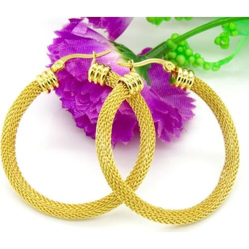 3 Size Gold Colour Women Gift Sale Fashion Jewelry Stainless Steel Mesh Wives Round Fancy Hoop Earrings