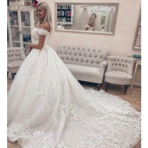 E JUE SHUNG White Lace Off The Shoulder Luxury Wedding Dresses Lace Up Back Princess Bridal Gowns vestidos de novia