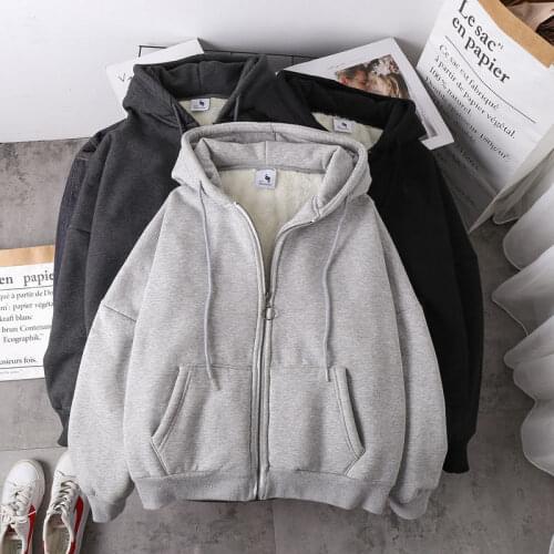 Winter Fashion Warm Solid Color Womens Sweatshirt Korean Version Loose Plus Velvet Thick Zipper Cardigan Tops Hoodies