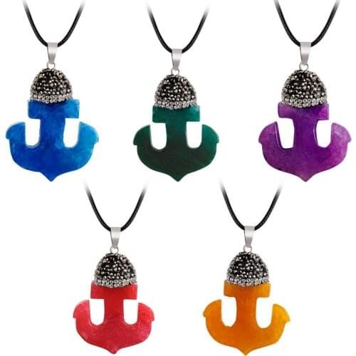 43x36mm 5 Colors for Choice Natural Semi-precious Stone Agate Ship Anchor Pendant Diamond Crystal Necklace Jewelry Popular