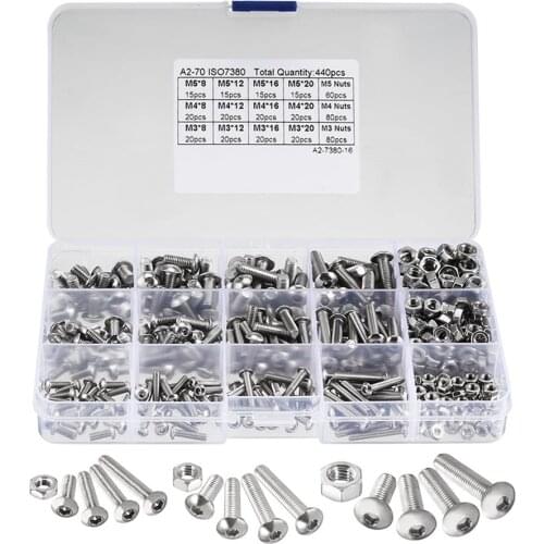 440pcs M3 M4 M5 Stainless Steel Hex Socket Button Head Cap Bolts Screws Nuts Kit Great for Home Workplace Car
