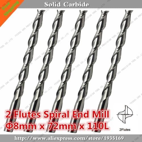8mm*72mm,10pcs,Free shipping 2 Flutes End Mill,CNC machine milling Cutter,Solid carbide woodworking tool,PVC,MDF,Acrylic,wood