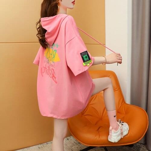 Large Size Cotton White T-shirt Womens Mid-length Hooded Short-sleeved Summer Dress 2021 New Loose Half-sleeved Top Women