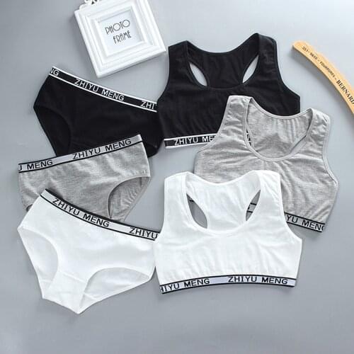 Young Girls Bra Panties Set Cotton Sport Training Bra Wide Strap Underwear Bralette Seamless Crop Top Teen Lingerie