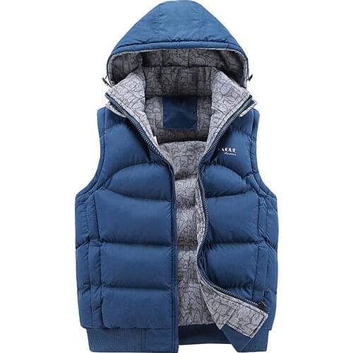 Mens thick cotton jacket with detachable cap down padded plus size vest blue, black M,L,XL,2XL,3XL