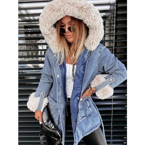 Denim Jackets Women Fur Collar Oversize Hooded Clothing Autumn Ladies Button Blue Black Long Sleevejean Jacekt Coats Outwear