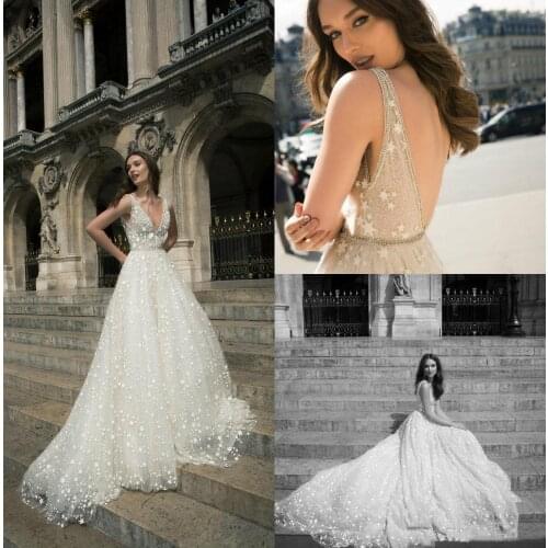 Elegant Beach Wedding Dresses V Neck Backless Bridal Gowns With Stars Sweep Train A Line Crystal robes de mariée Custom Made