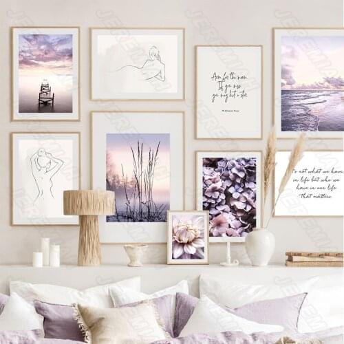 Purple Flower Letter Landscape Poster Nordic Style Waterproof Ink Canvas Print Painting Modern Bedroom Wall Sticker