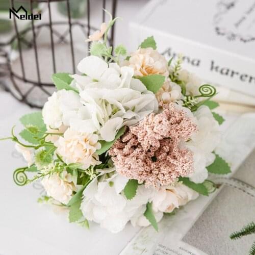 Meldel Artificial Fake Flowers Red Silk Roses Bouquet Small Pink Flowers Home Decoration Accessories Wedding Flower Roses Decor