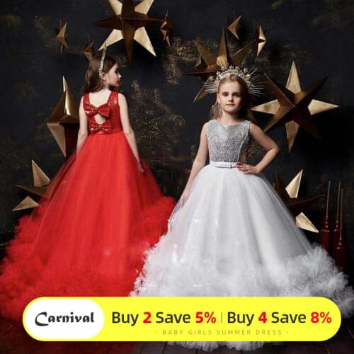 Fashion New Year Girls Dress Sequins Backless Prom Gowns Red Christmas Party Dress Elegant Tulle Princess Dress For Teen Girls