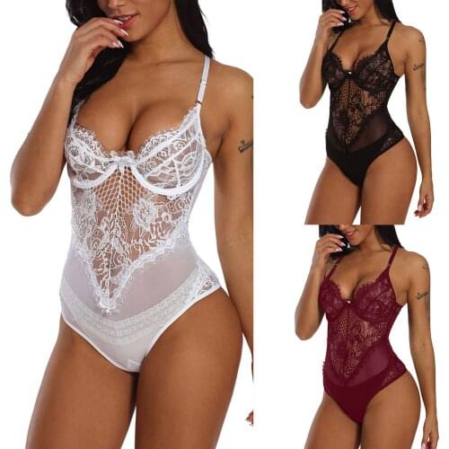 Fashion Sexy Women Lace Hem Teddies, Plunging Neckline Sleeveless Bodysuit, Wine Sling eyelash lace Jumpsuit