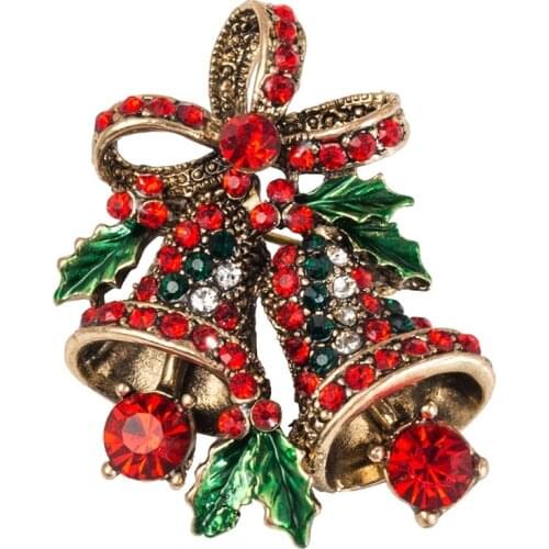 Fashion Bowknot Crystal Brooches for Women Exquisite Christmas bell Brooch Red Rhinestones Suit Scarf Clip Christmas Brooch Pins