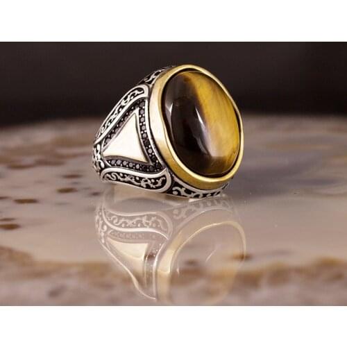 925 Sterling Silver Ring for Men Tiger Eye Stone Jewelry Fashion Vintage Gift Onyx Aqeq Mens Rings All Size