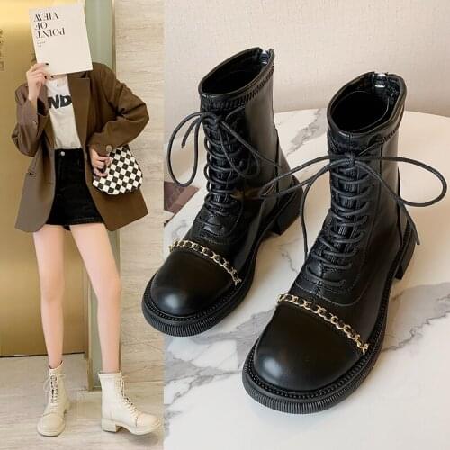 2021 new womens boots ankle boots PU chain womens boots high heels autumn and winter boots womens shoes short boots shoes