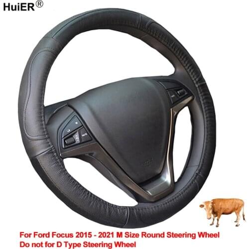 Car Steering Wheel Cover Wrap Cow Leather For Ford Focus 2015 2016 2017 2018 2019 2020 2021 M Size Round Steering Wheel Non-slip