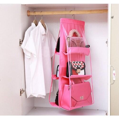 6 Pocket Hanging Handbag Organizer for Wardrobe Closet Transparent Storage Bag Door Wall Clear Sundry Shoe Bag with Hanger Pouch