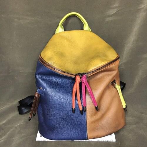 Vintage Colorful Randomly Genuine Leather Patchwork Women Backpack Feminine Female Backpacks for Teenage Girls Boys Bagpack