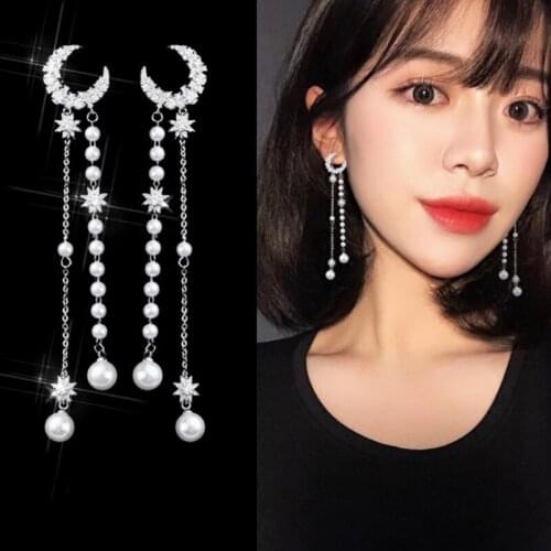 S925 Silver Needle Pearl Chain Tassel Pendant Star Moon Long Asymmetric Hot Sale Newest Style