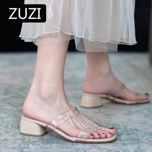 ZUZI Transparent Sandals Female 2021 Womens Summer New Thick Heel Mid-heel Style High Heels Sandals and Slippers Outer Wear