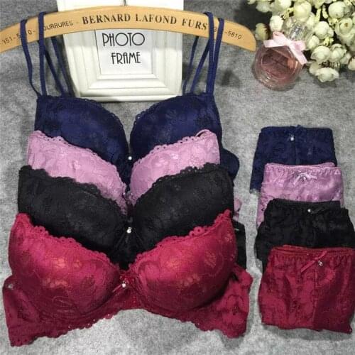 Sexy 1 Pairs Womens Lace Bra Set 2020 Sexy Flower Padded Push Up Lingerie Female Black White Purple Underwear Bra Sets 32-38 B