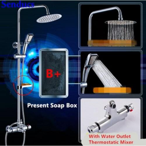 Senducs Chrome Thermostatic Shower Set with High Quality Polished Chrome Shower System Raining Top Shower Set