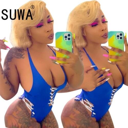 Blue Lace Up Sleeveless Slim Beach Night Party Clubwear Rompers Bodycon Elastic One Piece Overalls