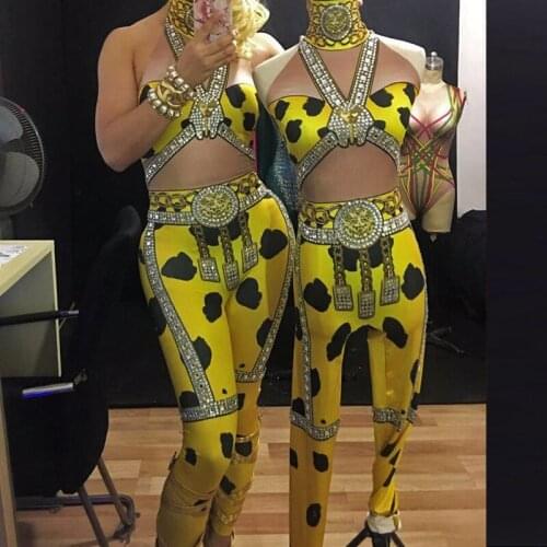 Crystals Sexy Bodysuit Yellow Jumpsuits luxurious Sleeveless Bodysuit birthday Nightclub show singer dance Costume