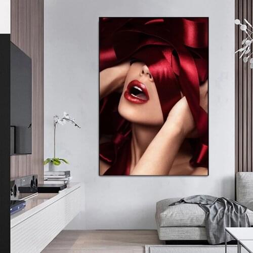 Modern Art Sexy Red Lips Woman Mural Print Fashion Woman Poster Canvas Art Beauty Wall Picture Painting Modern Home Decoration