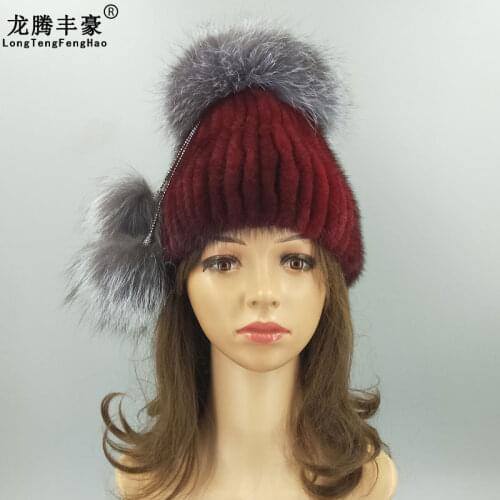 Warm Real Mink Fur Womens Cap Fashion Stripe Hat With Genuine Fox Fur Ball Pompom Female Winter Real Fur Caps Knitting Mink Hat