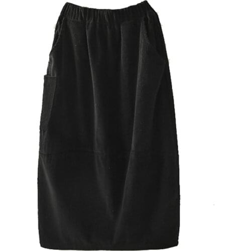 PERHAPS U Black Gray Brown Lace Elastic Waist Lantern Midi Skirt Elegant Solid Autumn Corduroy Pocket S0190