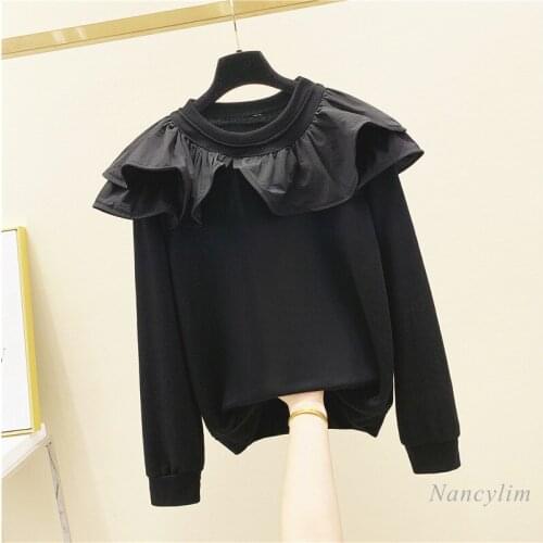 Ruffled Stitching Black Hoodie Women 2021 Spring and Autumn New Long Sleeve Korean Style Loose Round Neck Pullover Top Lady