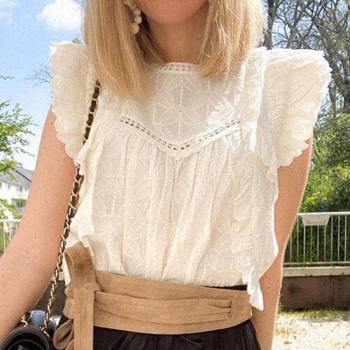 Ruffles Embroidered Blouse Elegant Lace Patchwork Round Neck Sleeveless blouse Sexy Backless Vintage Chic Blouses Chemises Femme