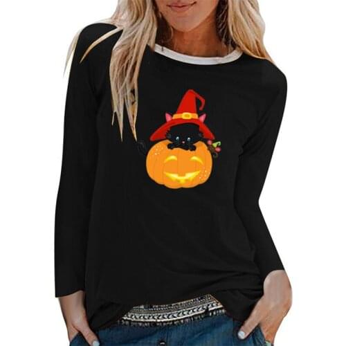 Women Autumn Winter Woman Tshirts Cotton White O Neck Clothing Feminist Cat Mouse Pumpkin Print Halloween Long Sleeve T-shirts