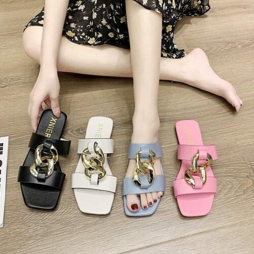 Women Slides Fashion Sqaure Toe Ladies Summer Shoes Leather Flat with Solid Metal Buckle Female Slippers Outside Flip Flops